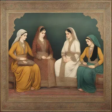 The painting depicted an opulent hareem filled with elegantly dressed women, capturing the essence of a Muslim household.