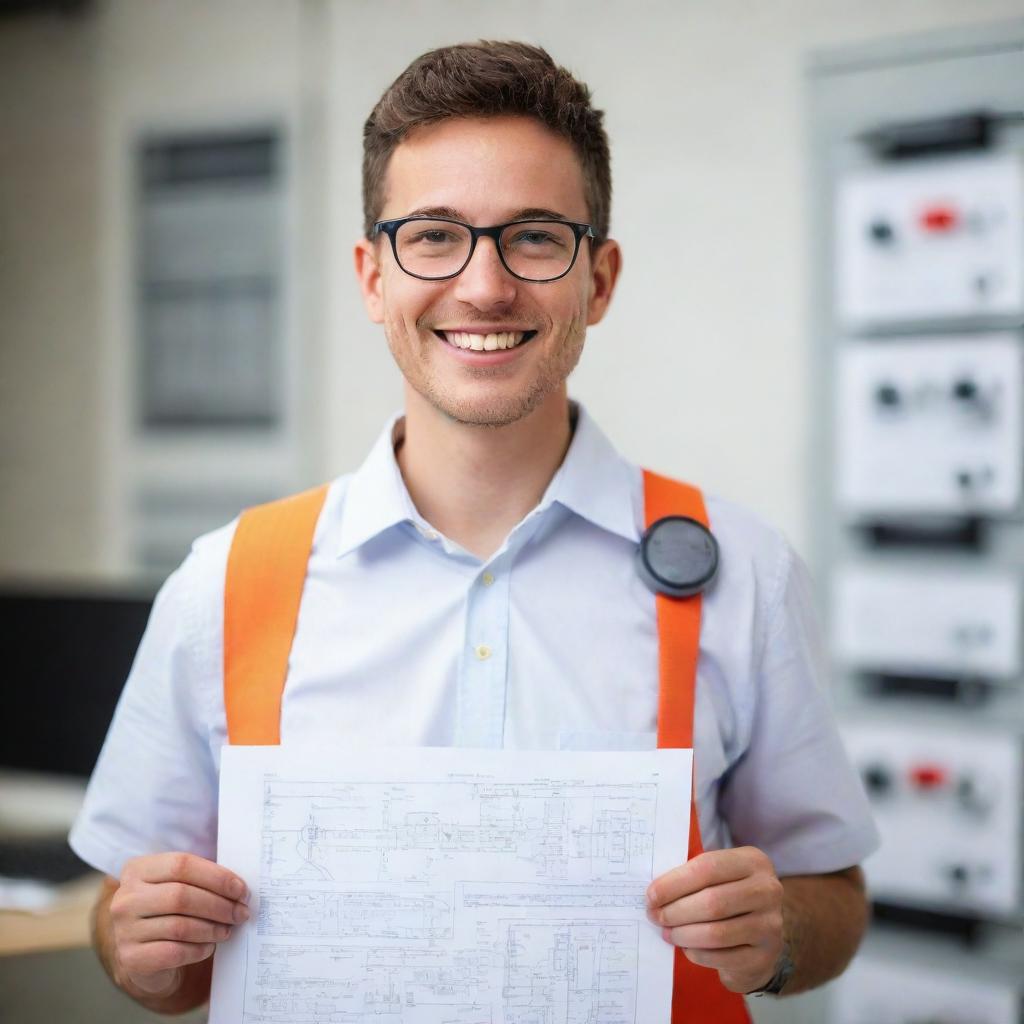 An adorable individual wearing technical gear, glasses, and holding electric diagrams. Their charm is made evident by their bright smile and passionate engagement with their engineering work.