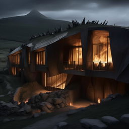 House designed in the dark, ominous architecture style of Mordor from Lord of the Rings, with jagged lines, oppressive stones, and fire-lit surroundings