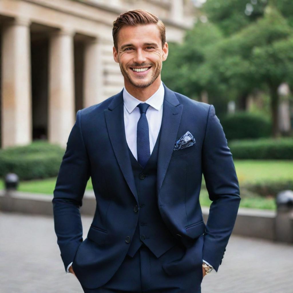 A strikingly handsome man with well-defined features. His confident posture, stylish attire, and engaging smile make him captivating.