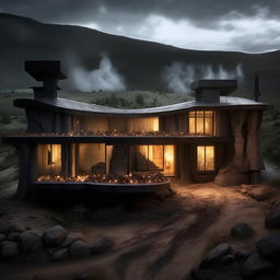 House designed in the dark, ominous architecture style of Mordor from Lord of the Rings, with jagged lines, oppressive stones, and fire-lit surroundings