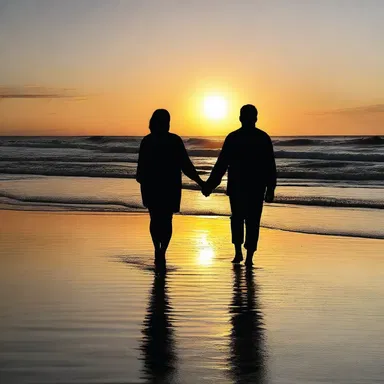 As the sun set on the beach, they walked together toward the horizon, hand in hand.