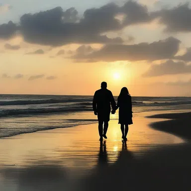 As the sun set on the beach, they walked together toward the horizon, hand in hand.