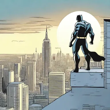 In the comic book, the superhero perches on top of a building, with the city's skyline silhouetted against the horizon.