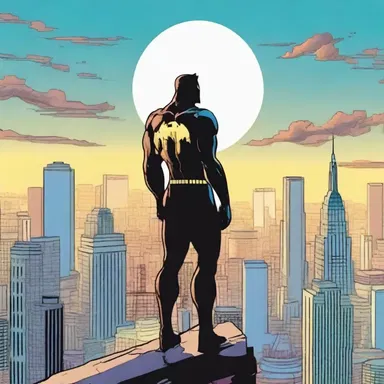 In the comic book, the superhero perches on top of a building, with the city's skyline silhouetted against the horizon.