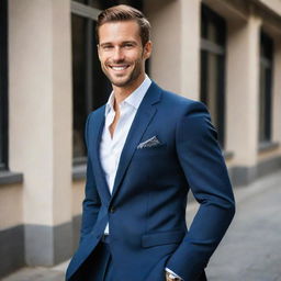 A strikingly handsome man with well-defined features. His confident posture, stylish attire, and engaging smile make him captivating.