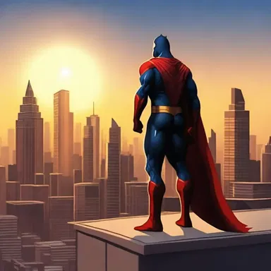 The superhero stood tall on a rooftop, overlooking the cityscape against the setting sun on the horizon.