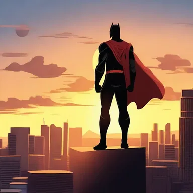 The superhero stood tall on a rooftop, overlooking the cityscape against the setting sun on the horizon.