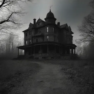 The abandoned mansion stood ominously at the end of a long, winding road, its silhouette etched against the dark horizon.