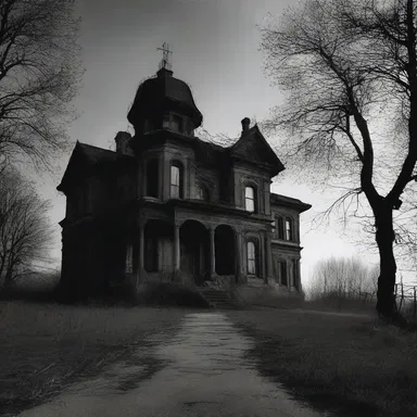The abandoned mansion stood ominously at the end of a long, winding road, its silhouette etched against the dark horizon.