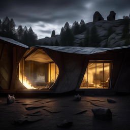 House designed in the dark, ominous architecture style of Mordor from Lord of the Rings, with jagged lines, oppressive stones, and fire-lit surroundings