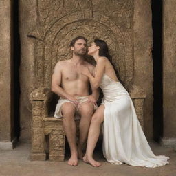 A strikingly beautiful woman radiating glory and indifference, seated regally on a throne with bare feet. At her side, a humble man is kneeling, praising her and reverently kissing the floor.