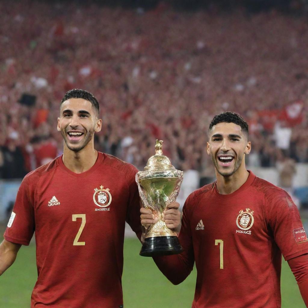 Achraf Hakimi and Hakim Ziyech, dressed in their national team uniforms, joyfully holding the African Cup against a background of cheering crowds.