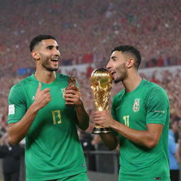 Achraf Hakimi and Hakim Ziyech, dressed in their national team uniforms, joyfully holding the African Cup against a background of cheering crowds.