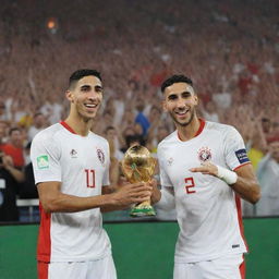 Achraf Hakimi and Hakim Ziyech, dressed in their national team uniforms, joyfully holding the African Cup against a background of cheering crowds.