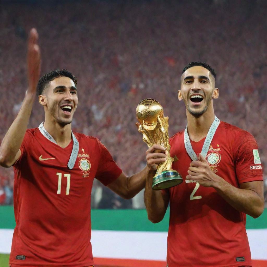 Achraf Hakimi and Hakim Ziyech, dressed in their national team uniforms, joyfully holding the African Cup against a background of cheering crowds.