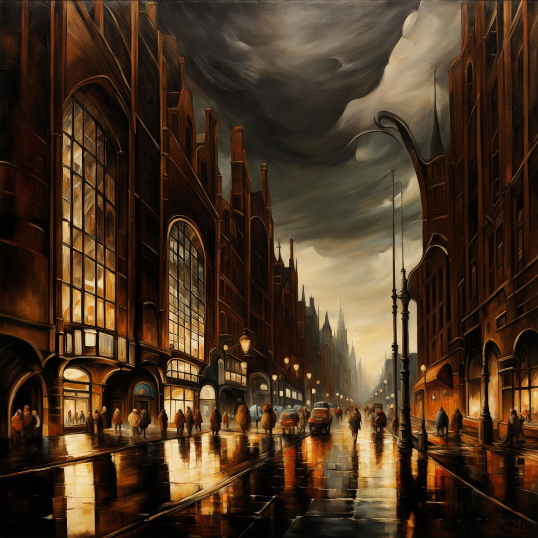 Rembrandt-style painting featuring a streetscape with Zaha Hadid-inspired architecture.