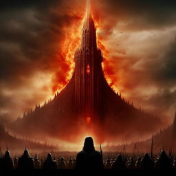 The tower of Barad-dûr from Lord of the Rings with Sauron's flaming Eye on top and an army of menacing, demon-like creatures surrounding it