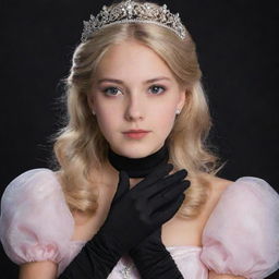 A portrait of an 18-year-old blonde girl with brown eyes, dressed as a princess with long, black gloves on.