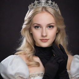 A portrait of an 18-year-old blonde girl with brown eyes, dressed as a princess with long, black gloves on.