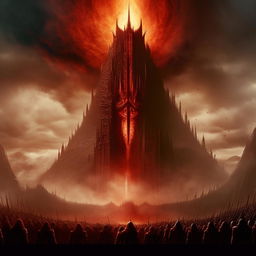 The tower of Barad-dûr from Lord of the Rings with Sauron's flaming Eye on top and an army of menacing, demon-like creatures surrounding it