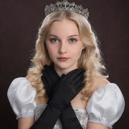 A portrait of an 18-year-old blonde girl with brown eyes, dressed as a princess with long, black gloves on.