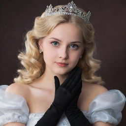 A portrait of an 18-year-old blonde girl with brown eyes, dressed as a princess with long, black gloves on.