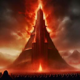 The tower of Barad-dûr from Lord of the Rings with Sauron's flaming Eye on top and an army of menacing, demon-like creatures surrounding it