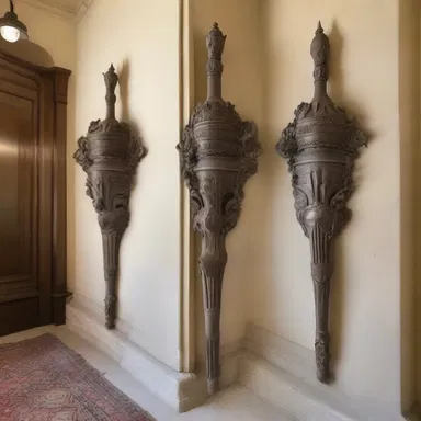 The luxurious mansion featured ornate spurs with rowels as decorative elements on the walls.