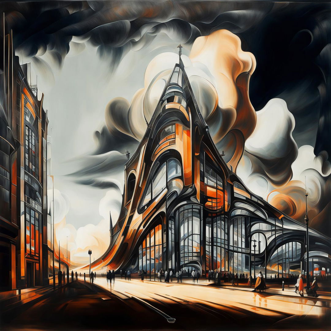 A Zaha Hadid building painted in Rembrandt's style with chiaroscuro technique and earthy color palette.