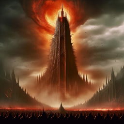 The tower of Barad-dûr from Lord of the Rings with Sauron's flaming Eye on top and an army of menacing, demon-like creatures surrounding it