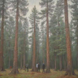 Impressionistic image of several indistinct male figures in front of tall, majestic pine trees enveloped in an expressionist atmosphere