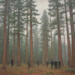 Impressionistic image of several indistinct male figures in front of tall, majestic pine trees enveloped in an expressionist atmosphere