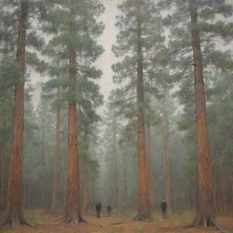 Impressionistic image of several indistinct male figures in front of tall, majestic pine trees enveloped in an expressionist atmosphere