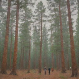 Impressionistic image of several indistinct male figures in front of tall, majestic pine trees enveloped in an expressionist atmosphere