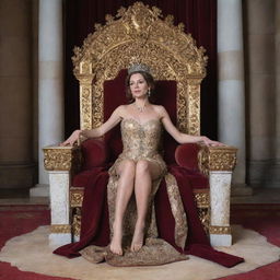 A breathtakingly beautiful woman sits on a throne, emanating glory and apathy, her feet bare. A man, impressed by her majesty, kneels in deference to her.