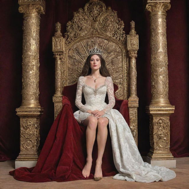 A breathtakingly beautiful woman sits on a throne, emanating glory and apathy, her feet bare. A man, impressed by her majesty, kneels in deference to her.