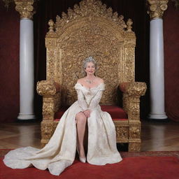 A breathtakingly beautiful woman sits on a throne, emanating glory and apathy, her feet bare. A man, impressed by her majesty, kneels in deference to her.