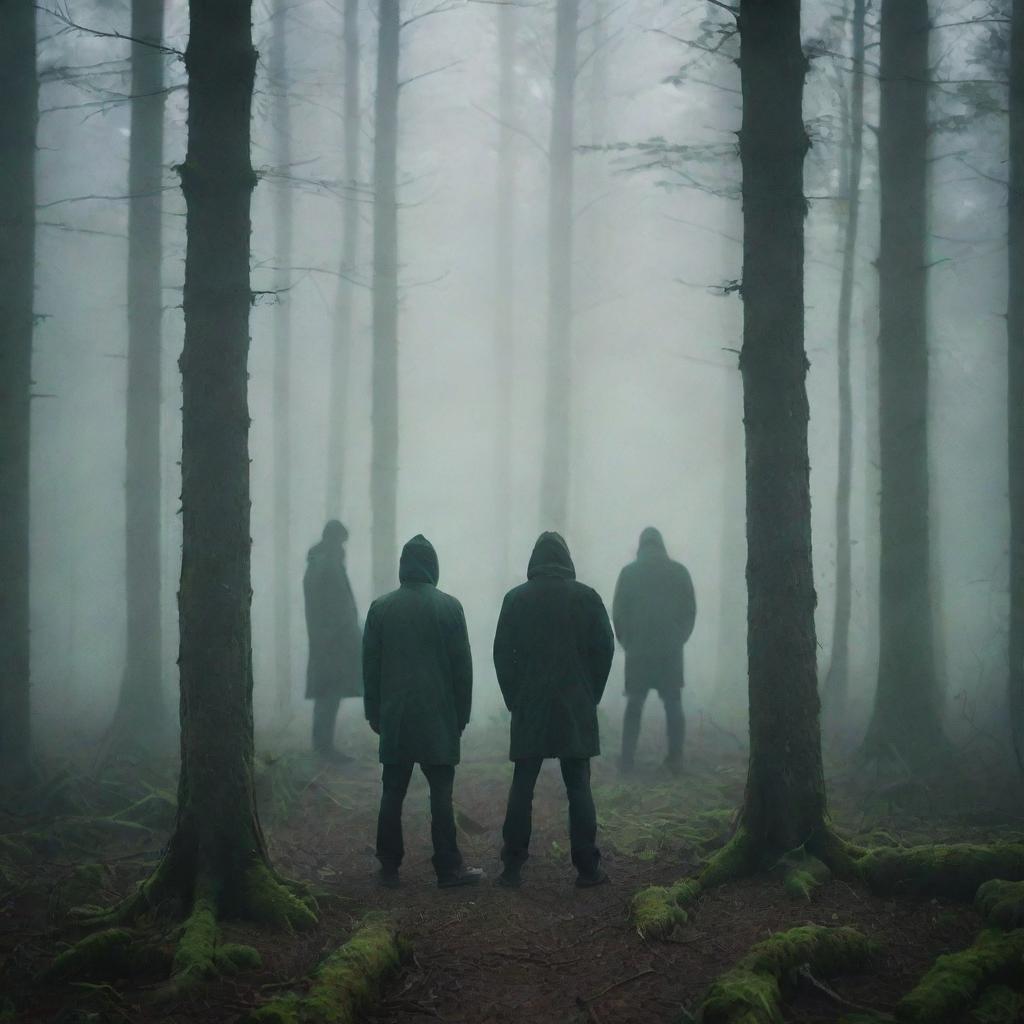 Mysterious scene depicting men with indistinct faces standing in front of a dark, foggy forest bathed in an ominous green ambience