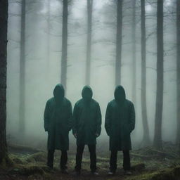 Mysterious scene depicting men with indistinct faces standing in front of a dark, foggy forest bathed in an ominous green ambience