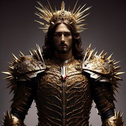 Jesus depicted as the ultimate princely figure, royal and majestic, in a flamboyantly styled mecha exoskeleton with a crown of thorns, exuding an intense badass aura.