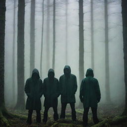 Mysterious scene depicting men with indistinct faces standing in front of a dark, foggy forest bathed in an ominous green ambience