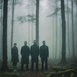 Mysterious scene depicting men with indistinct faces standing in front of a dark, foggy forest bathed in an ominous green ambience