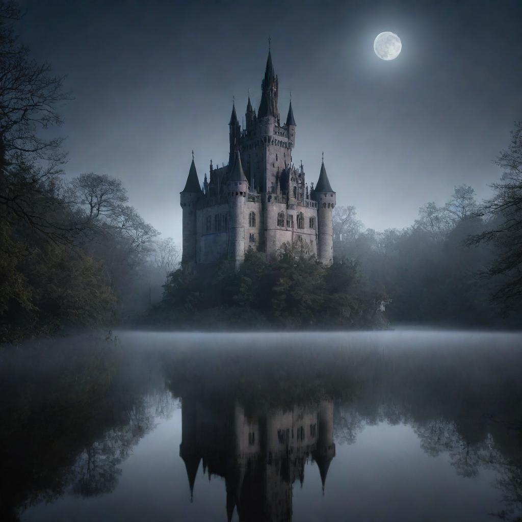 A grand gothic style castle standing tall in the dim moonlight with a chillingly calm lake in the foreground and an eerie forest ruefully shrouded in mist in the background.