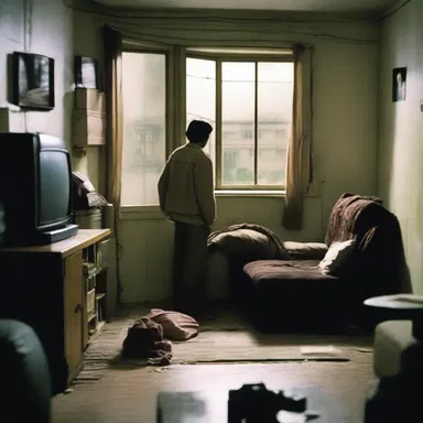 Despite the squalidly furnished apartment, the main character in the film found comfort in watching movies.
