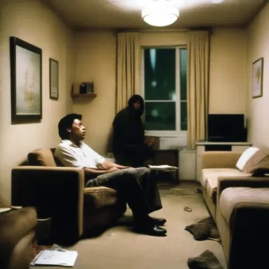 Despite the squalidly furnished apartment, the main character in the film found comfort in watching movies.