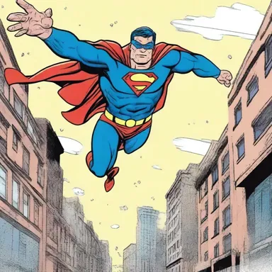 In the comic book, the superhero flies through the air and smashes into the ceiling.
