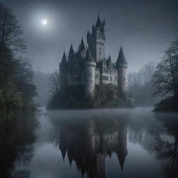 A grand gothic style castle standing tall in the dim moonlight with a chillingly calm lake in the foreground and an eerie forest ruefully shrouded in mist in the background.