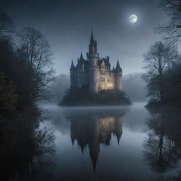 A grand gothic style castle standing tall in the dim moonlight with a chillingly calm lake in the foreground and an eerie forest ruefully shrouded in mist in the background.