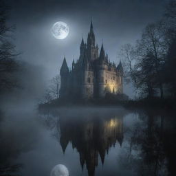 A grand gothic style castle standing tall in the dim moonlight with a chillingly calm lake in the foreground and an eerie forest ruefully shrouded in mist in the background.